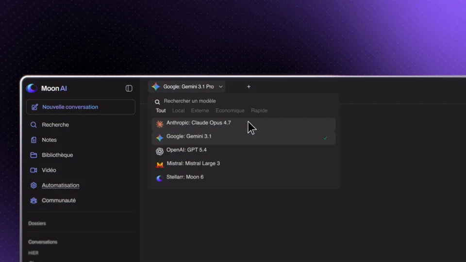 Interface Moon AI : choisir son modèle